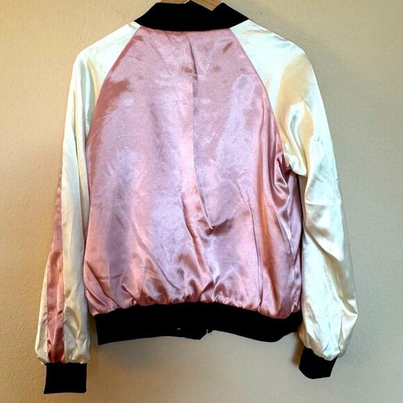 Reversible Charmeuse Embroidered Bomber Jacket Reversible Pockets Black Pink - Picture 10 of 11
